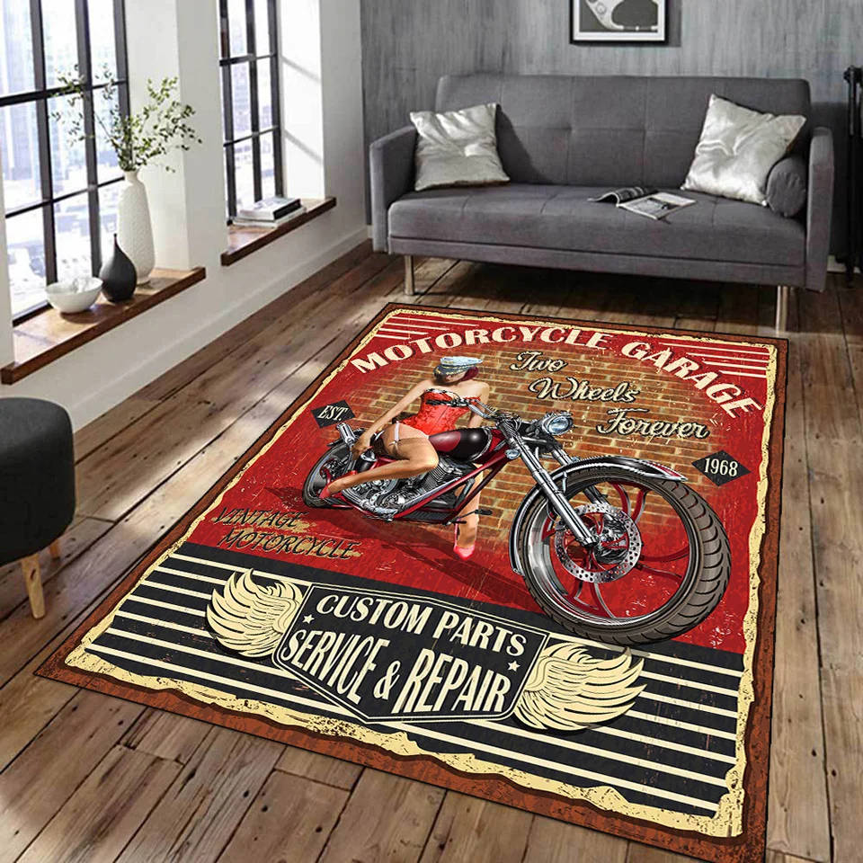 Vintage Classic Motorcycle Garage 3D Printed Carpet Living Room Retro Race  Car Large Rug Home Decor Bedroom Non-Slip Floor Mat