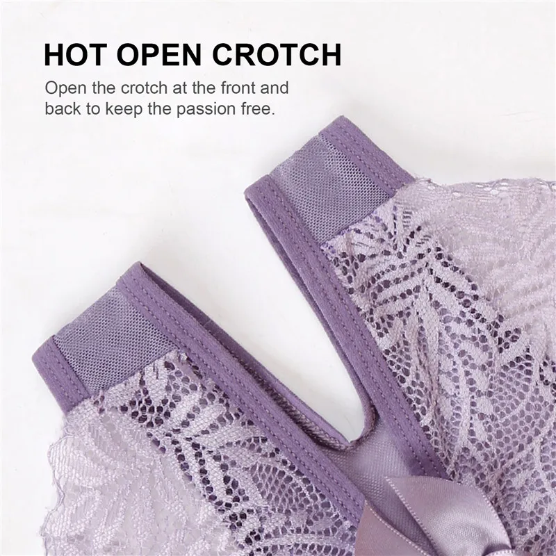 Women Exotic Sexy Lace Open Crotch Panties Mesh Perspective Underwear Ladies Lace Bow Thong Crotchless Briefs Erotic Lingerie