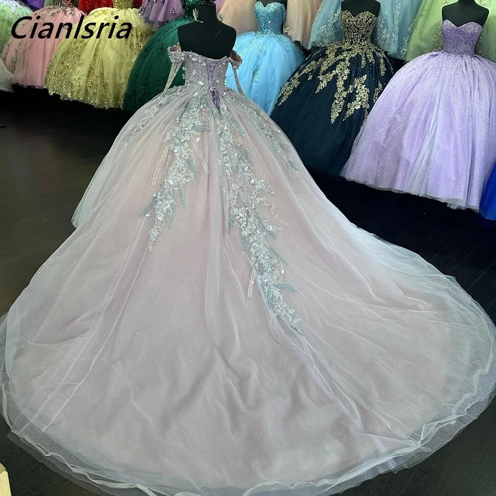 

Light Pink Long Sleeve Off The Shoulder Ball Gown Quinceanera Dresses Sequined Appliques Lace Corset Vestidos De 15 Años