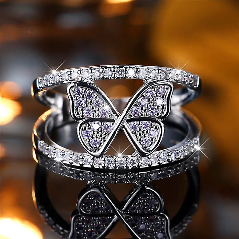Cute Female Small White Purple Zircon Stone Butterfly Engagement Ring Trendy Silver Color Bride Wedding Jewelry Gift For Women