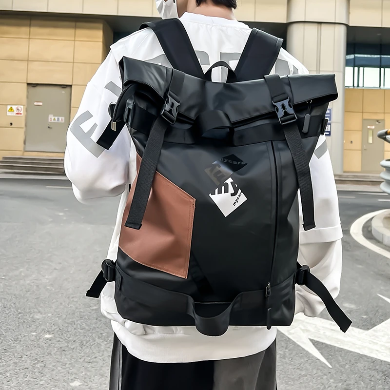 VC Men's Functional Black Backpack Trend Canvas Patchwork Design Backpack Large Capacity Travel Backpacks for Men School Bag 3