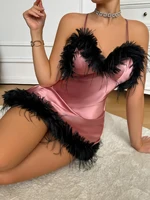 Nouvelle Robe de Nuit Sexy à Col en V avec Bordure en Plumes pour Femmes, Pyjama Élégant à la Mode, Jupe Courte Unie pour la Maison et les Soirées 5