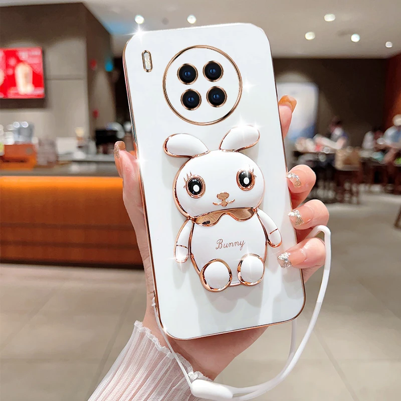 

For Huawei Honor 50 Lite Nova 8i Phone Case Cute Cartoon Rabbit Fold Stand With Lanyard Soft Silicone Luxury Plating Cover