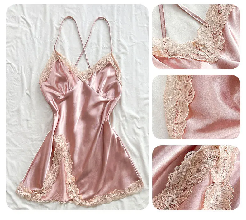 Women's Satin Sleepwear Spaghetti Straps Mini Nightdress Lingerie Lace  Chemise Nightgown Babydoll Nightwear Silk Full Slip Dress - AliExpress  200574005