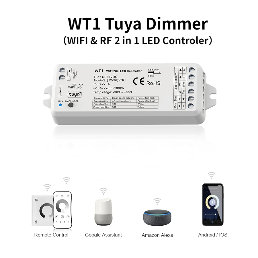 Tuya Led Controller 12V 24V 36V Dc 2Ch 10A Smart Wifi 2.4G Rf Wireless Remote Push Dimmer Switch Ww Cw Cct Controller Wt1 Dimer