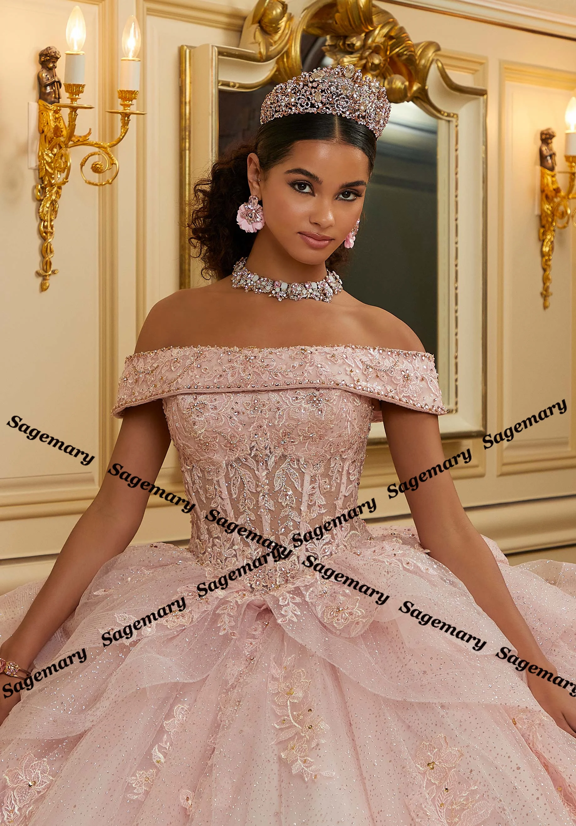 Quinceanera Dresses For Teens Ball Gown Bow Layered Corset Off the Shoulder Rhinestones Appliques Customised