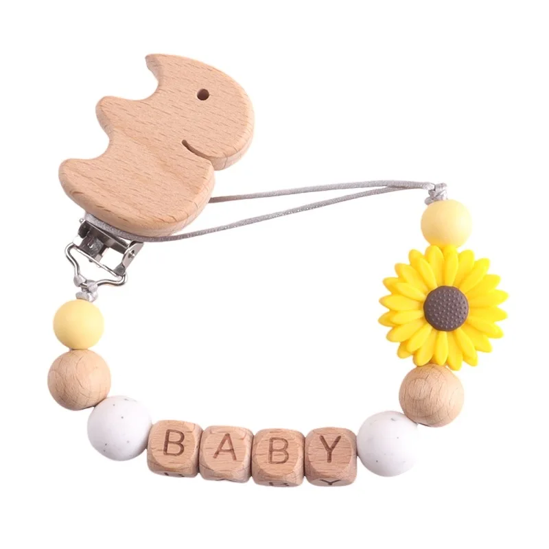 Baby Personalized Name Wooden Elephant Pacifier Baby Soother Clip with Daisy Charm Beech Wood Alphabet Beads, Anti-Drop Function