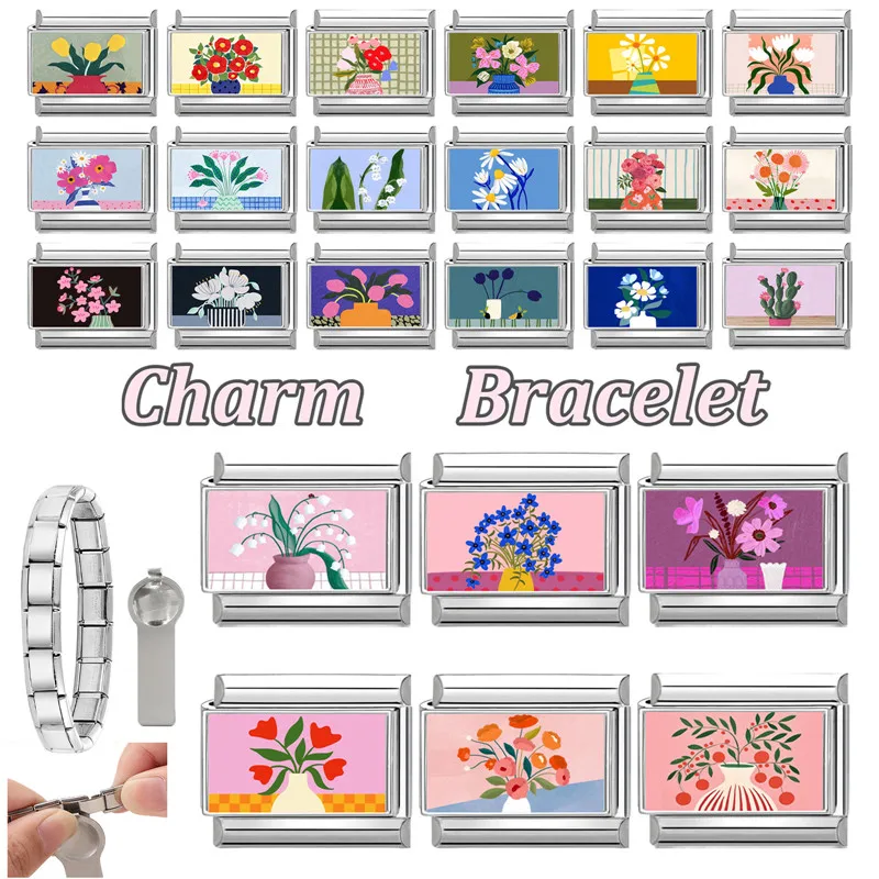 Art Design Colorful Flowers 9mm Stainless Steel Bracelet