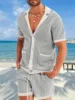 2-Piece Outfit for Men Summer Breathable Mesh Lapel Collar T-Shirt and Shorts Sets Cool Sexy Hollow Fabric Design Beach Clothing 1