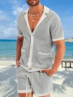 2-Piece Outfit for Men Summer Breathable Mesh Lapel Collar T-Shirt and Shorts Sets Cool Sexy Hollow Fabric Design Beach Clothing 1