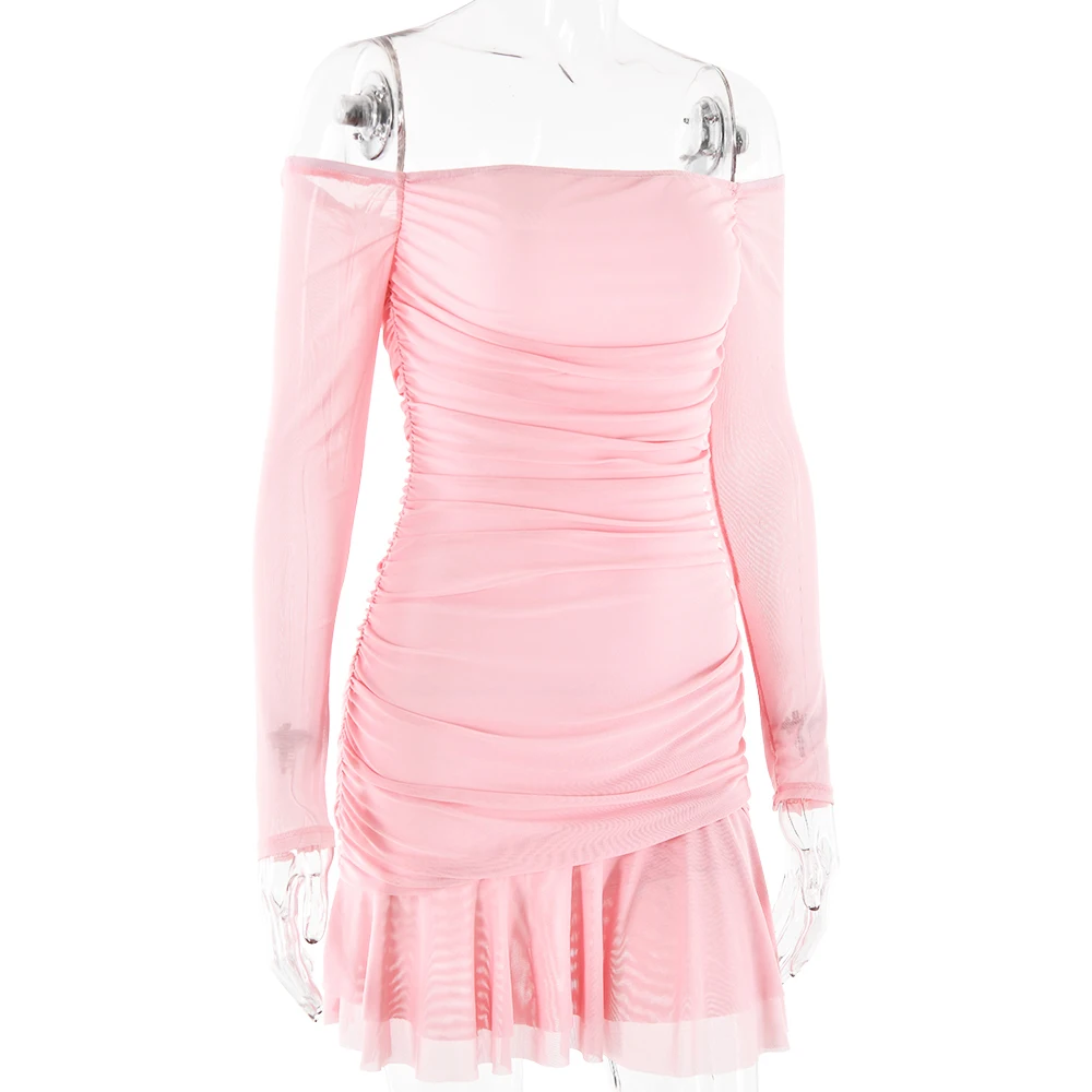 Elegant One Shoulder Double Layer High Elasticity Tight Dress For Women Bodycon Fall Female Party Evening Dress