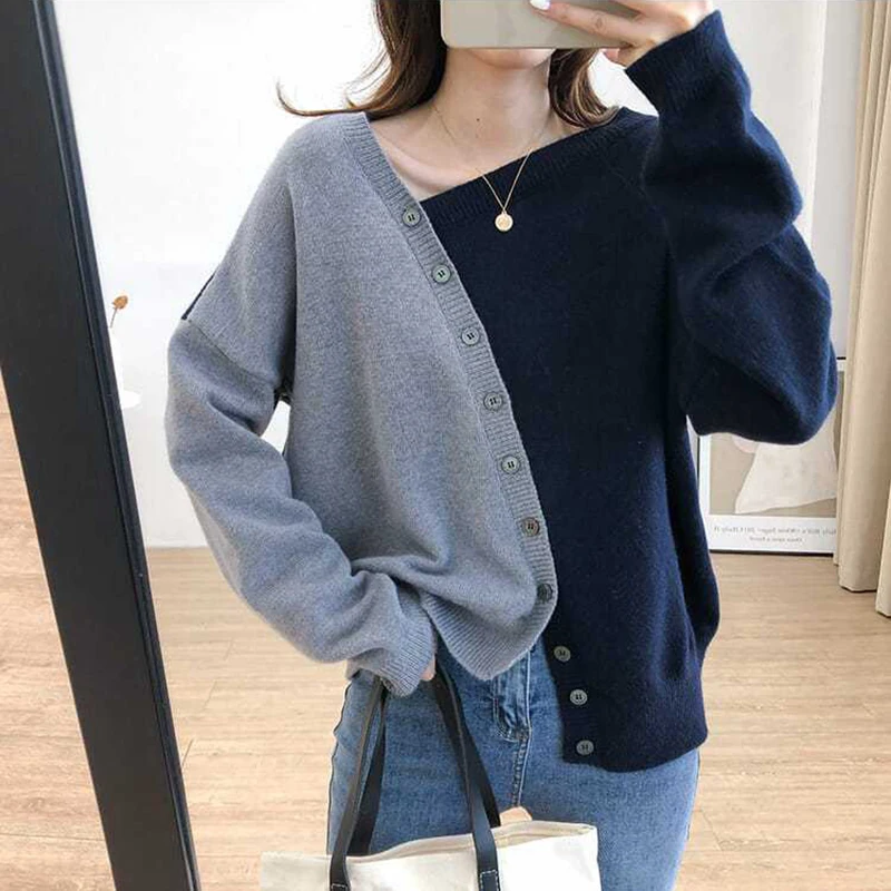 

2023 Irregular Inclined Button Knitwear Women Preppy Style New Loose Bottoming Shirt Ladies Autumn Contrast Sweater Pullovers