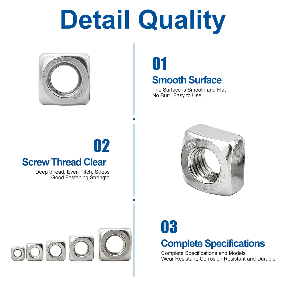 NINDEJIN 2-50pcs Metric Square Nuts M3 M4 M5 M6 M8 M10 Stainless Steel Standrad Din557