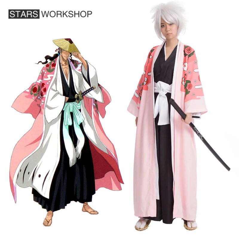

Bleach Cosplay 8th Division Captain Kyouraku Shunsui Cloak Unisex Pink Cape Shinigami Kimono Kurosaki Ichigo Black Top Pants