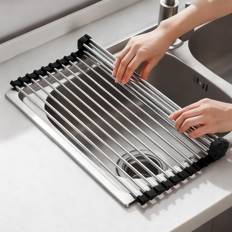12*17inch Foldable 15-Tube Stainless Steel Sink Drain Rack Kitchen Dish Vegetable Drying Holder Washing Water Draining Holder