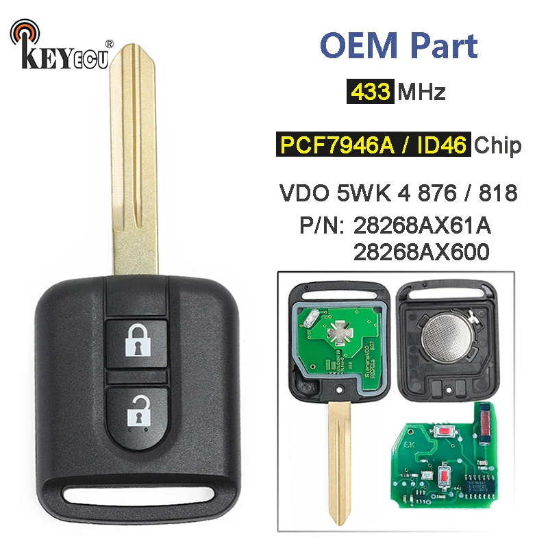 小物 key KEYECU 2 Buttons 5WK4 876/ 818 433MHz PCF7946A ID46 Chip For