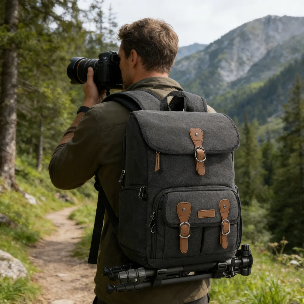 Zaino Multifunzionale per Fotocamera DSLR, Borsa Fotografica a Doppia Spalla per Laptop e Drone con Copertura Antipioggia e Tasca Accessoria - immagine 2