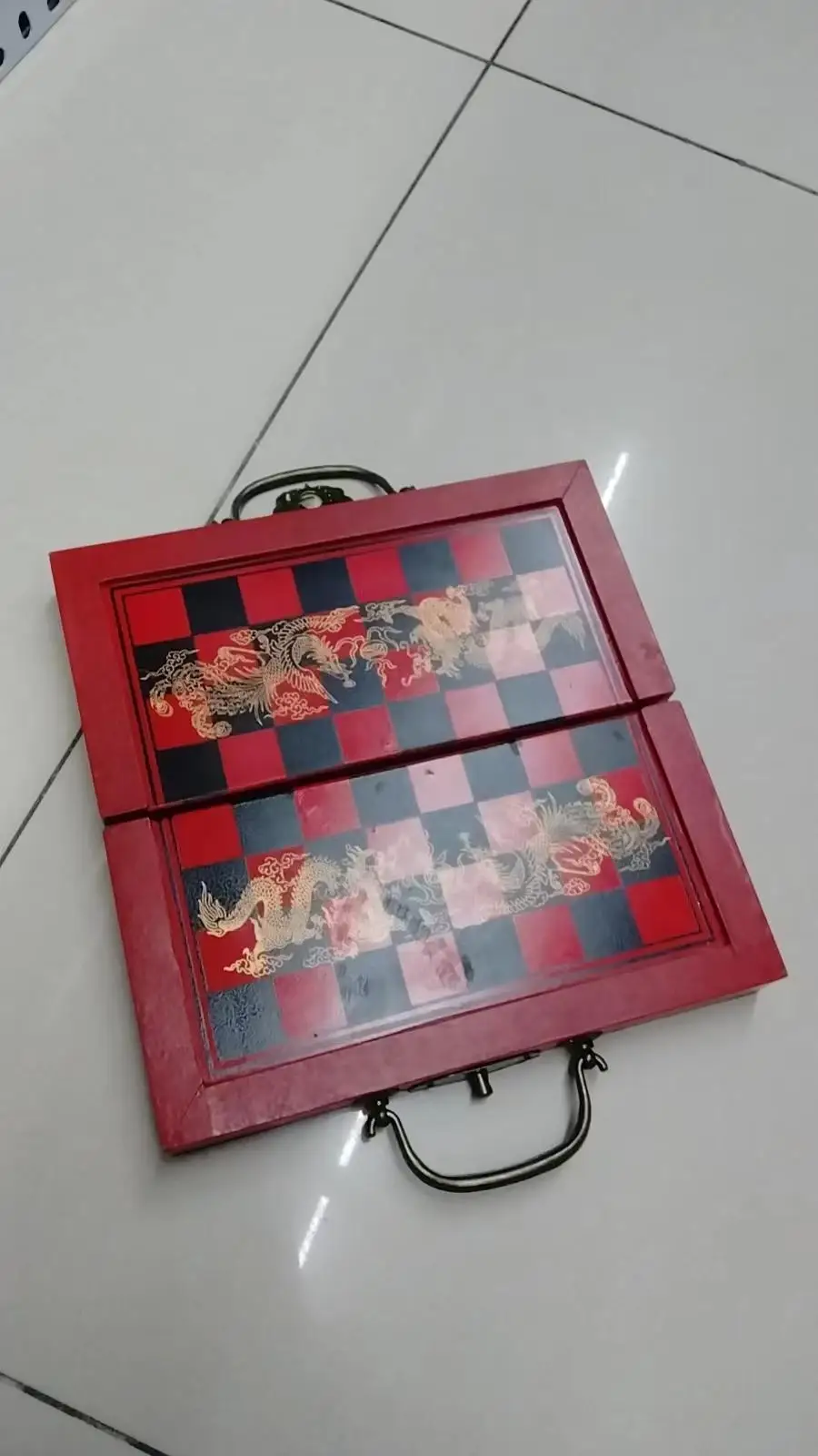 Rare Chinese Dragon wood Leather box with 32 Chess Set +Gift+  FREE SHIPPING 3