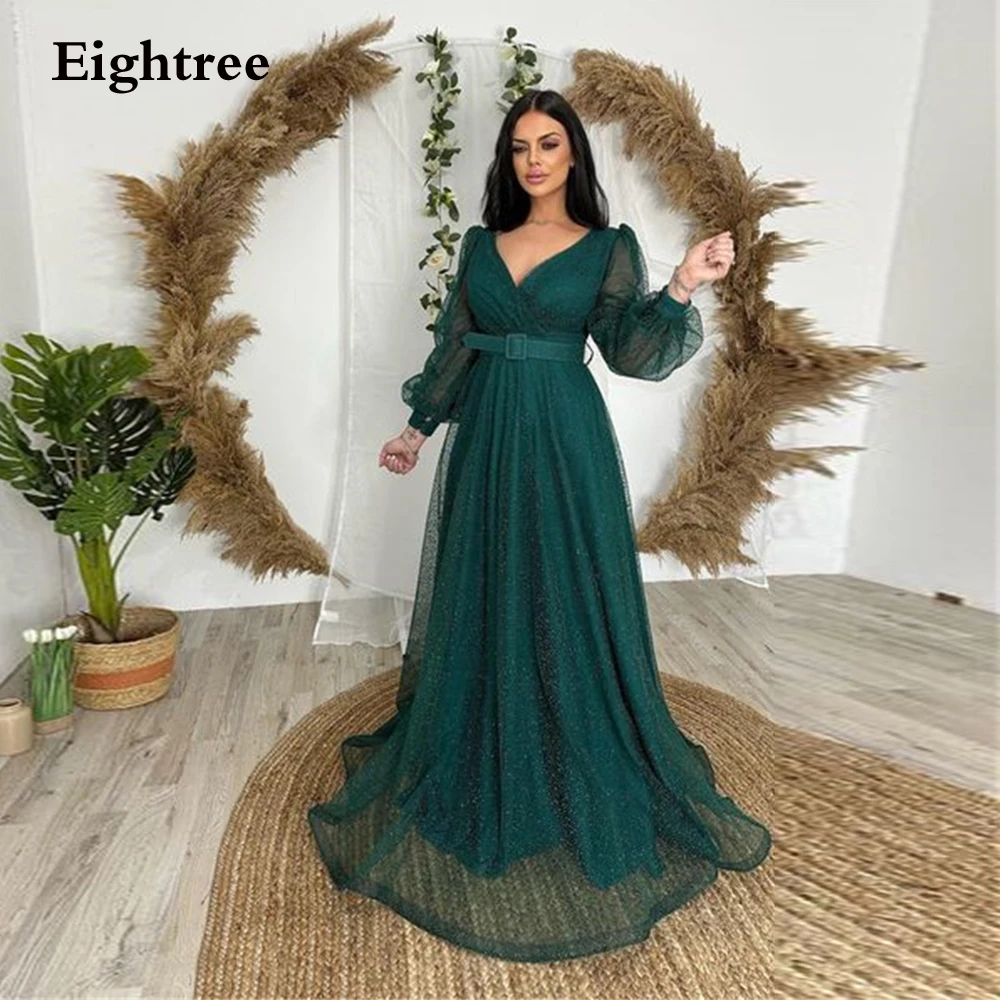 

Eightree Elegant Green Evening Dresses Puff Sleeves V Neck Tulle Long A Line Pleat Long Party Dresses Vestido De Noche 2023