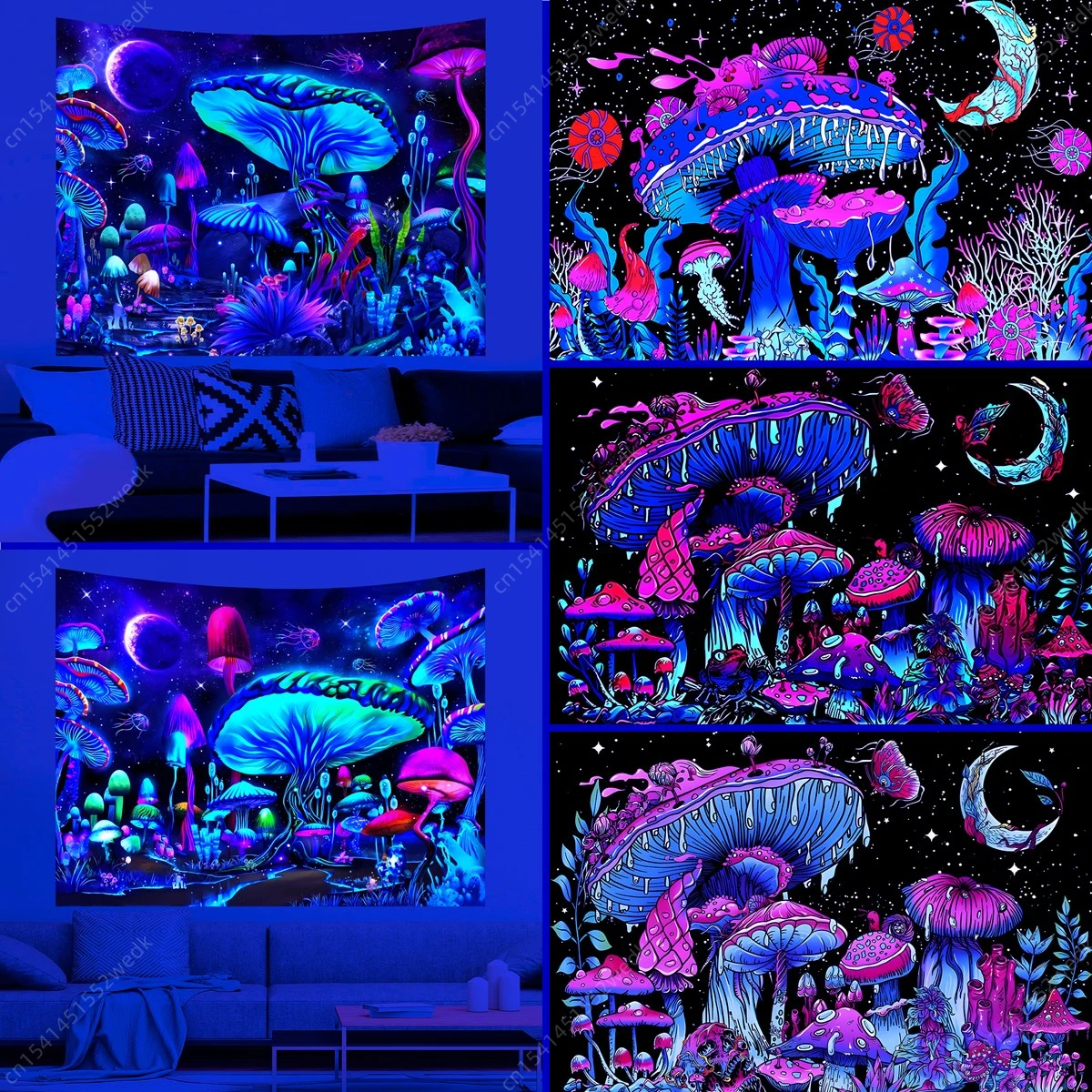Mushroom Moon Uv Reactive Tapestry Wall Hanging For Living Room Bedroom Home Decor Room Decor Party party decorations tapestry decorations