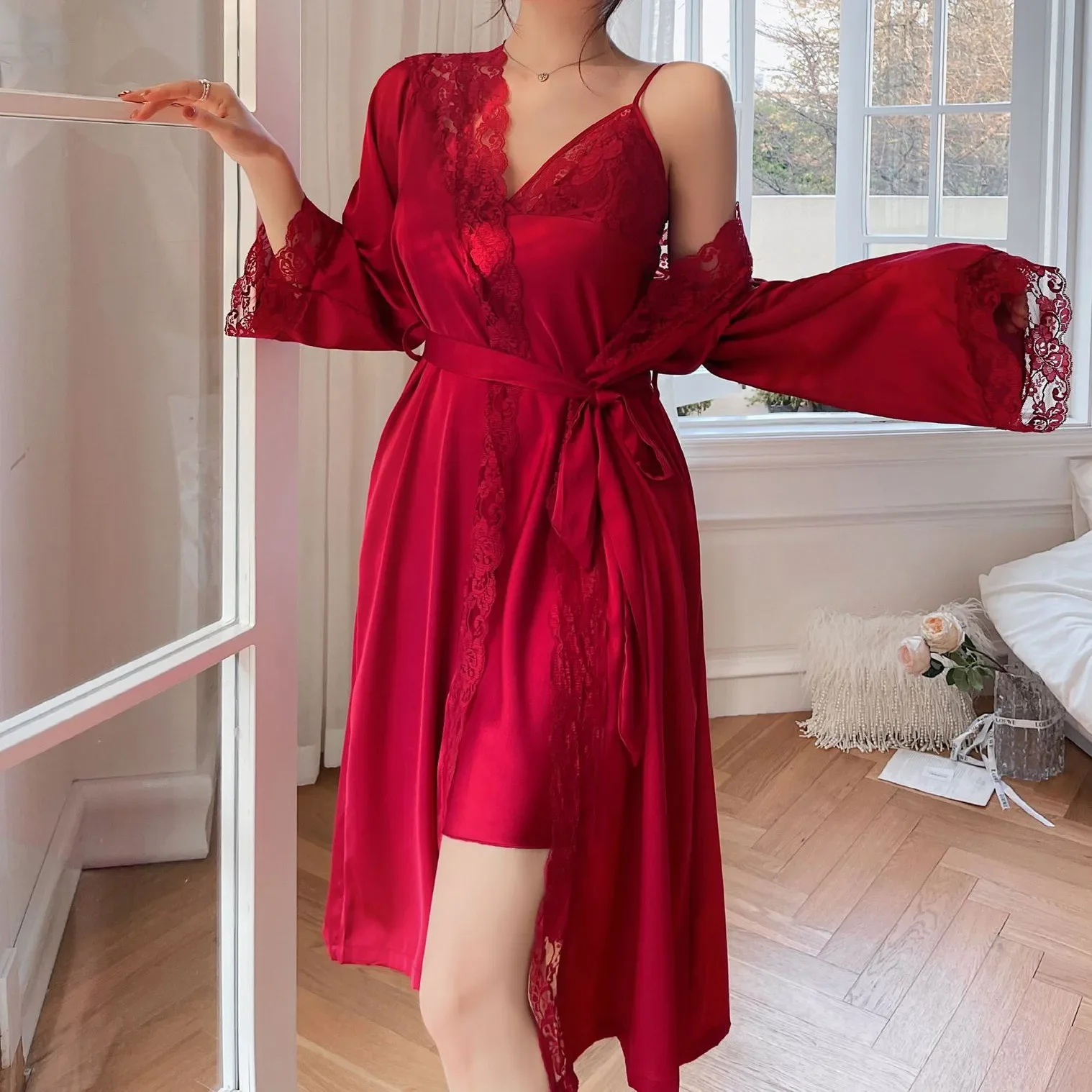 

Bride Wedding Robe Set Burgundy Sexy Lace Nightgown Sleepwear Suit Summer Women Bathrobe Gown Casual Satin Kimono Home Dress