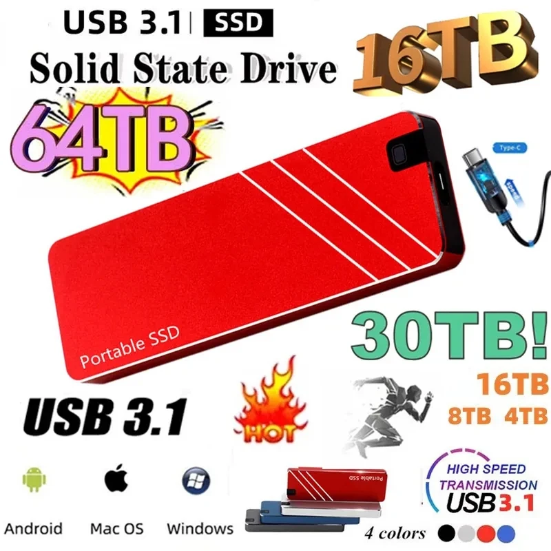 

2023 Mini Portable SSD USB3.1 Mobile Solid State Drives High Speed 4TB 8TB 16TB Hard Disks Type-C Hard Drives for Laptops