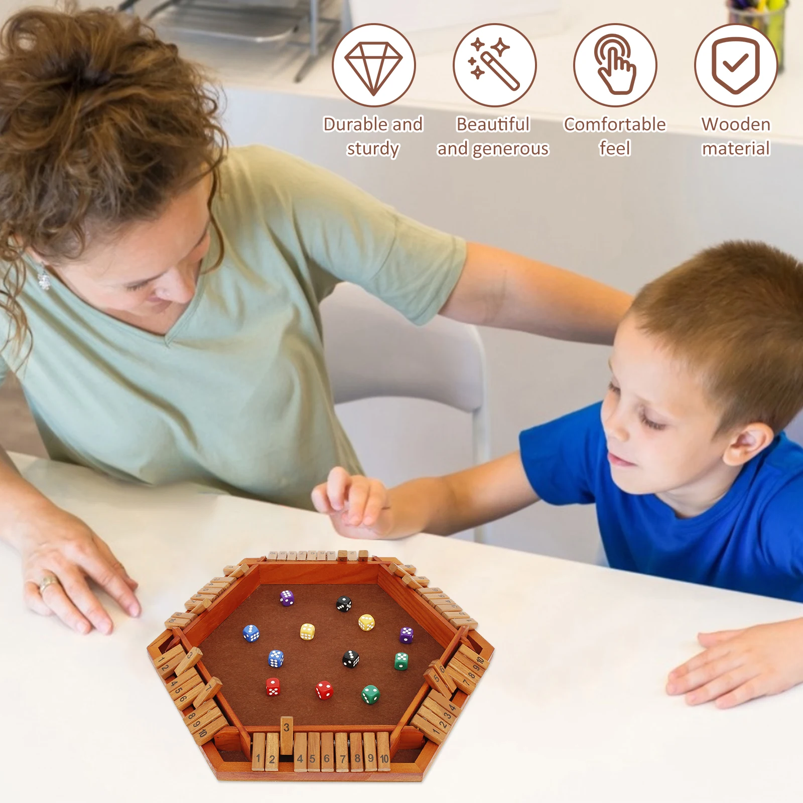 Shut The Box Game for 1 to 6 Players Wood Tabletop Board Game with 12 Dice Fun Close The Box Game Handmade Shut The Box Dice 4