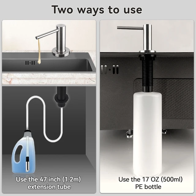 เครื่องจ่ายสบู่เหลวสแตนเลส304แข็งสำหรับอ่างล้างจานในครัวพร้อมขวดขนาด17ออนซ์และชุดหลอดขยาย47นิ้ว 4