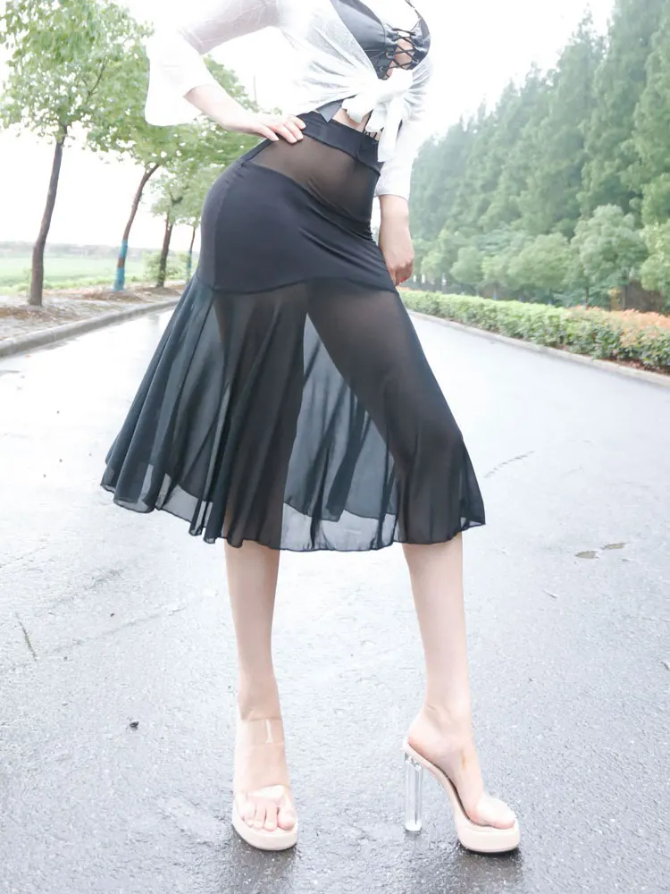 High Waisted Wrap Hip Skirts Mesh Transparent Night Clut Outfits Women\'s Elegant A-line Dresses Sexy Long Skirts Woman Clothing