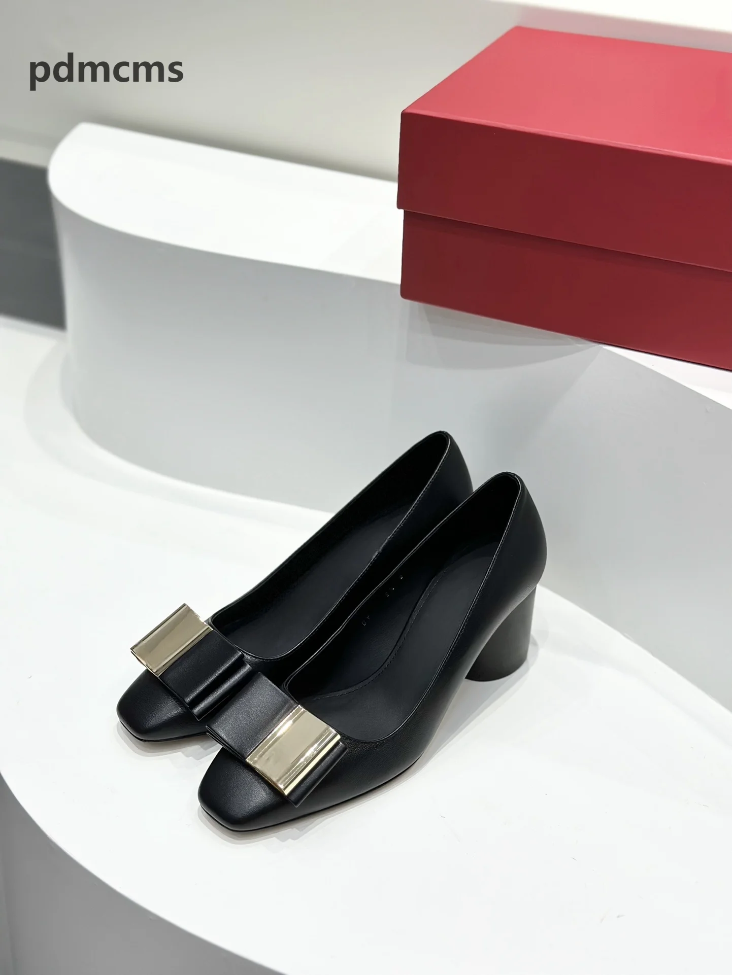 

High quality leather small square bow high heels, simple women's casual shoes, elegant all season 34-40