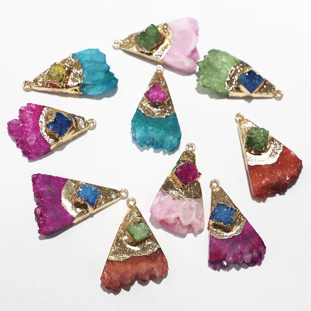 Natural Stone Agate Bruzy Gold Plated Scalloped Necklace Pendant Metal Mineral Specimen Slice Charm Geode Rough For Jewelry 6Pcs