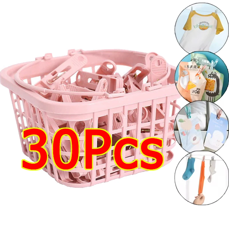 30Pcs Plastic Clothes Pegs With Basket Laundry Clothespin Clothes Pins Storage Organizer Quilt Towel Clips Cabides Hanger
