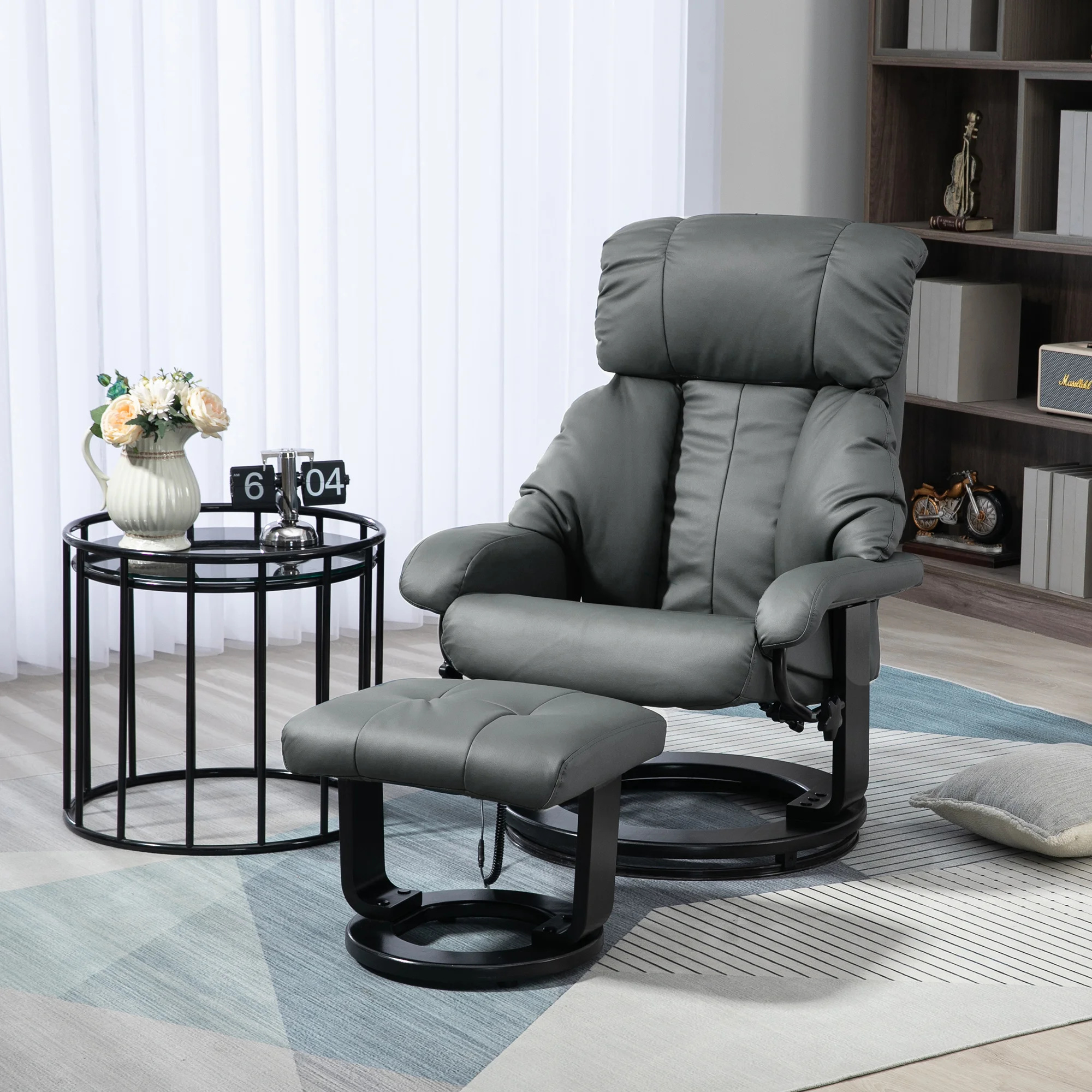 Recliner Chair with Ottoman, Swivel Wood Base, Remote and Side Pocket, Grey