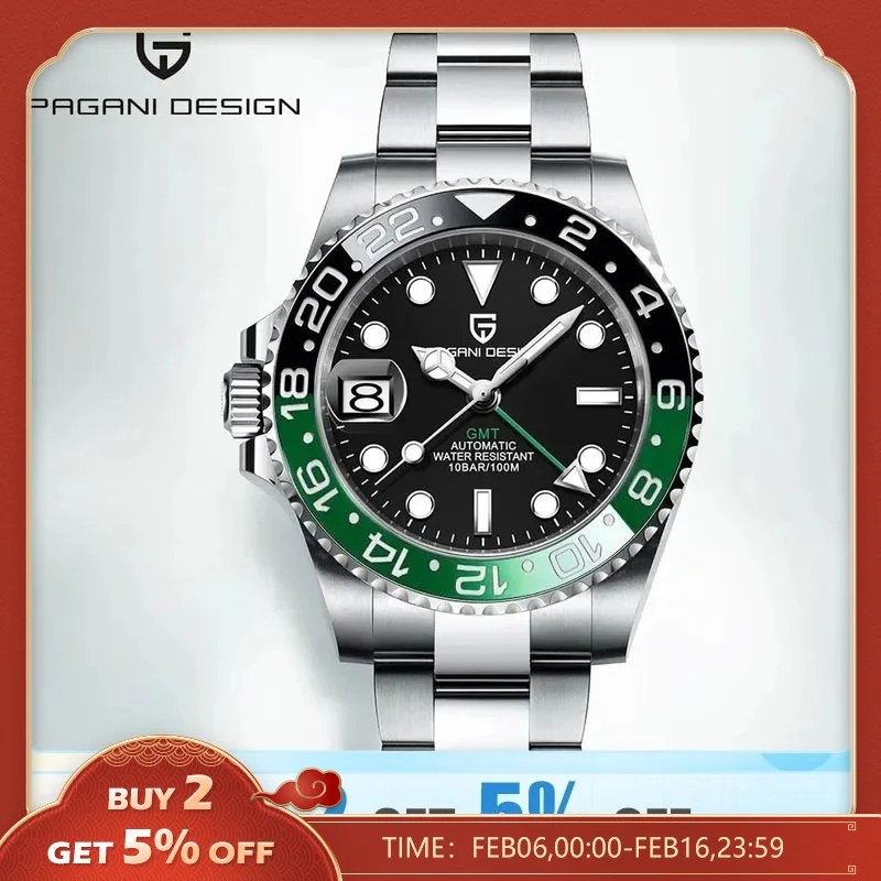 Reloj de pulsera mecánico PAGANI DESIGN para hombres GMT de lujo, reloj de cristal de zafiro de acero inoxidable 100M, relojes automáticos a prueba de agua