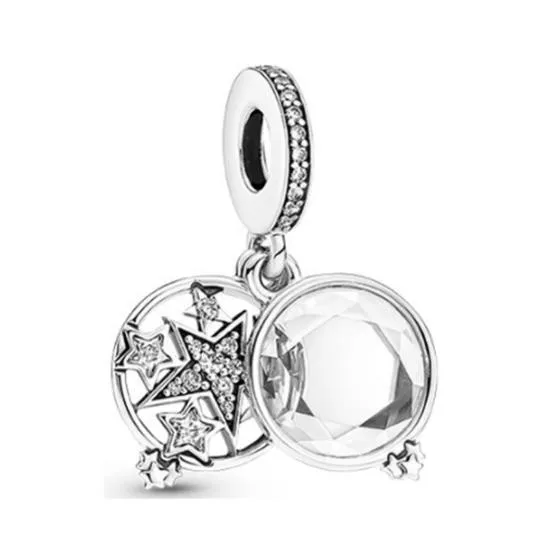 

Authentic 925 Sterling Silver Magnified Star Double Dangle Bead Charm Fit Women Pan Bracelet & Necklace Jewelry