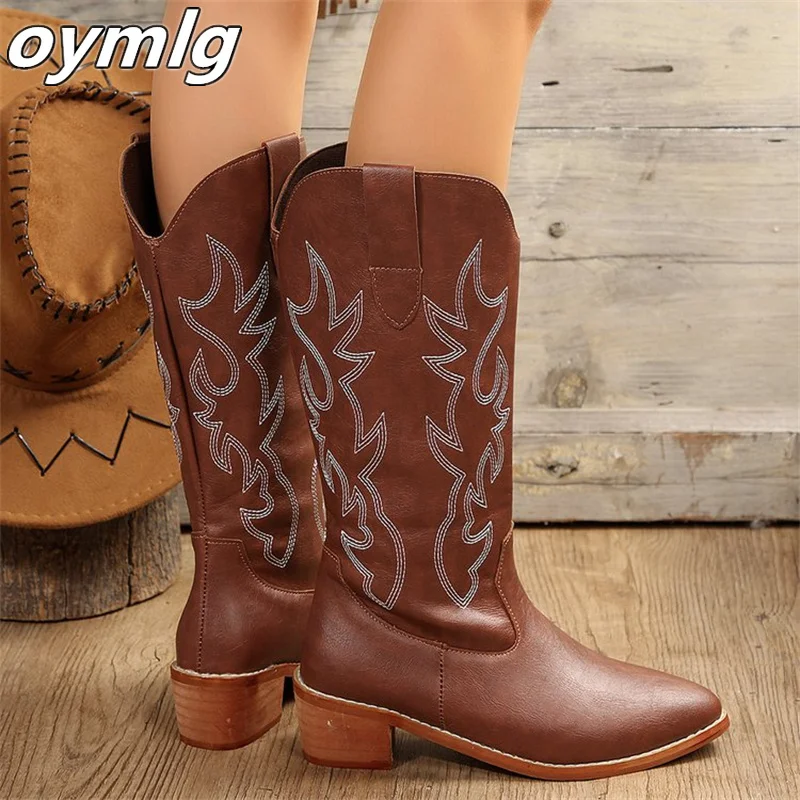 New High Barrel Embroidered Knight Boots Women's Large Pointed Thick Heels Long Barrel Leather Boots women brown long boots