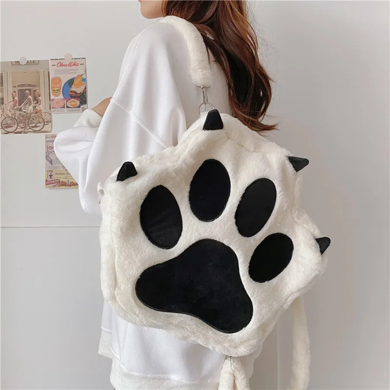 Fluffy Cat Paw Backpack for Girls 2024 New Personality Funny Plush Student Book Bag Fashion Cartoon Cute School Crossbody Bags