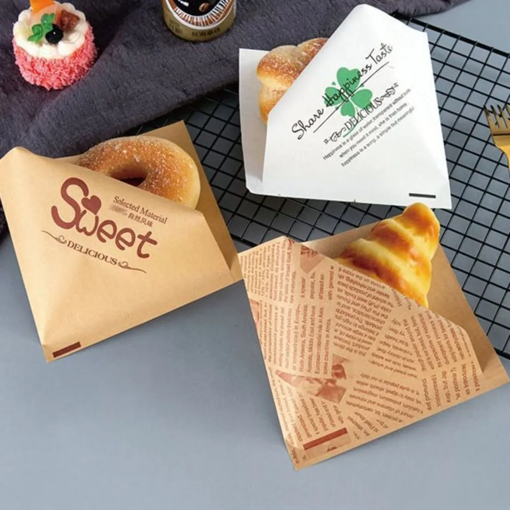 100Pcs Oilproof Triangular Open Kraft Paper Waterproof Square Sandwich Wrappers Printed Disposable Hamburger Pouch