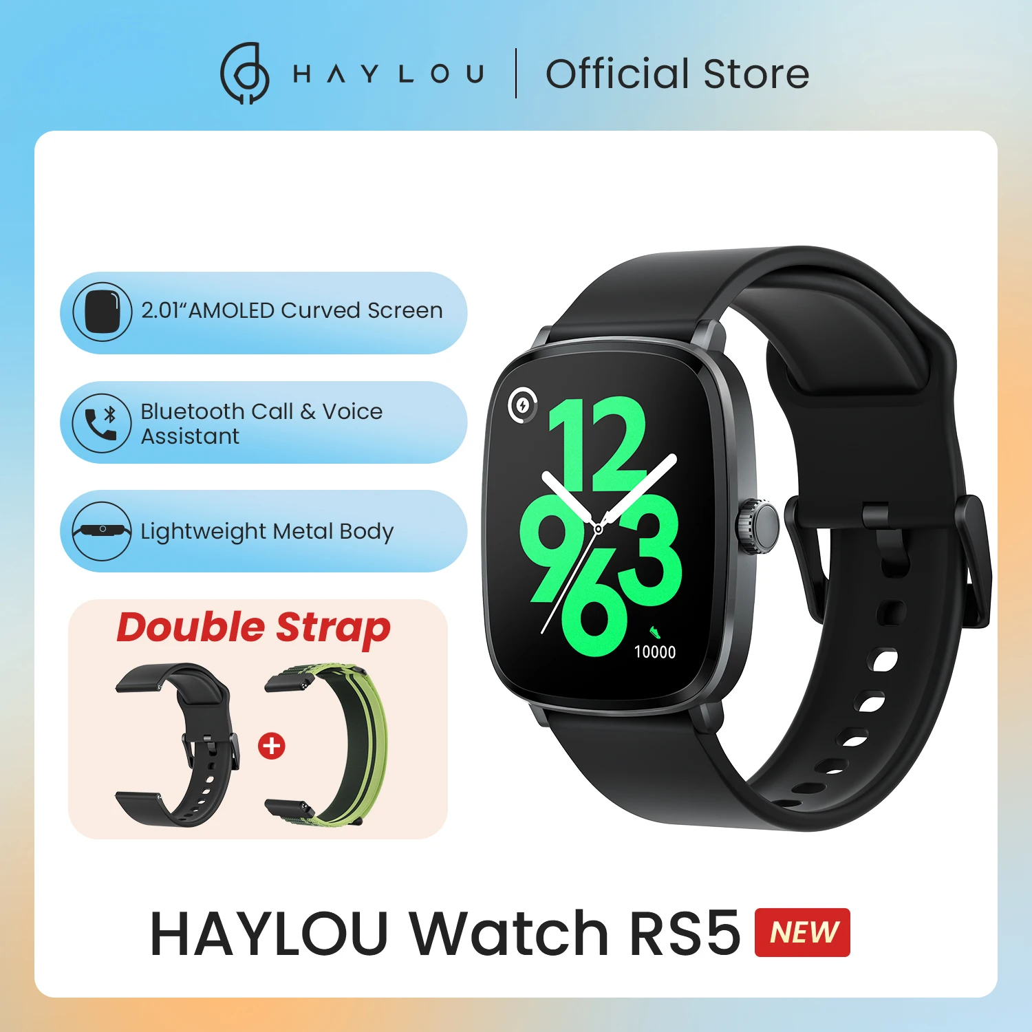  HAYLOU Watch RS5 Smartwatch 2.01'' AMOLED HD Display Bluetooth Call Sport Voice Assistant Blood Sugar Smartwatch & Double Straps 