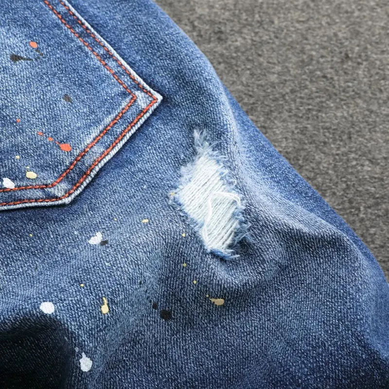 High Street Fashion Men Jeans Retro Blue Stretch Slim Fit Vintage Ripped Jeans Men Painted Designer Hip Hip Brand Pants Hombre