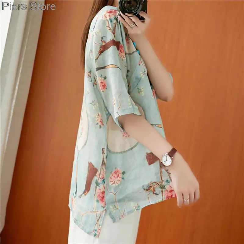 Summer Women Chinese Style Retro Blouse Print Tops Casual Cotton Linen Shirt Traditional Hanfu Elegant Fashion Oriental Clothing