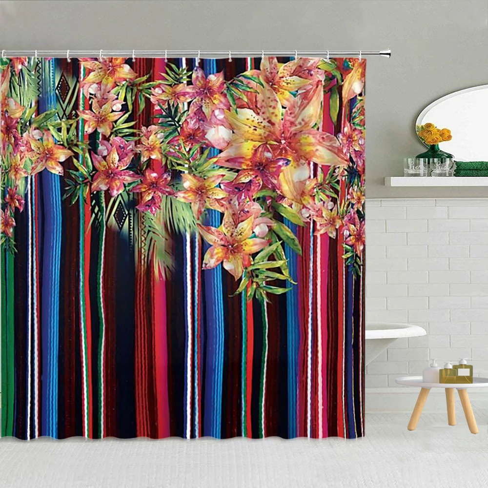 

Flower Yellow Green Vine Leaf Shower Curtain Spring Rose Floral Scenery Bathroom Decor Pink Bath Hooks Waterproof Curtains