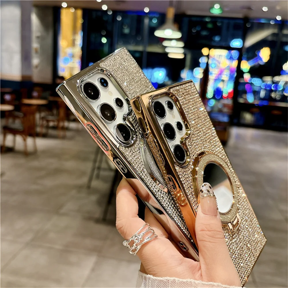 Magnetic Glitter Diamond Phone Case with Mirror Bracket Holder