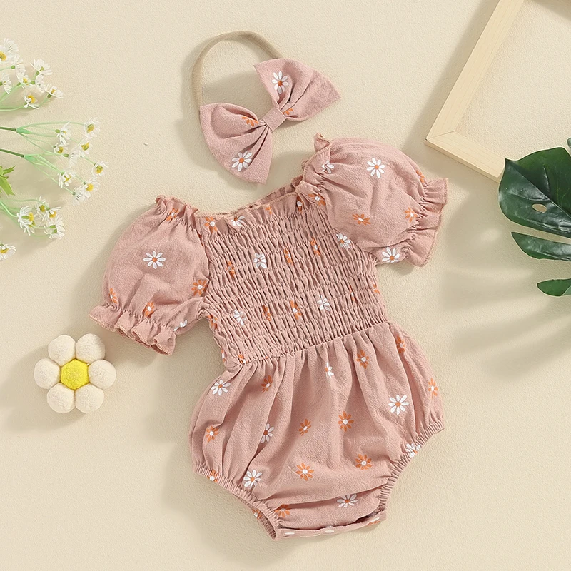 Newborn Baby Girl Summer Clothes Floral Print Puff Sshort Sleeve Romper with Headband Set Infant Outfit 2