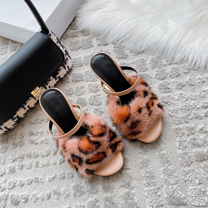 

Leopard print fur, mink fur, cool slippers, celebrity dating, sexy, contoured high heels, one line strap, high-end women's shoes