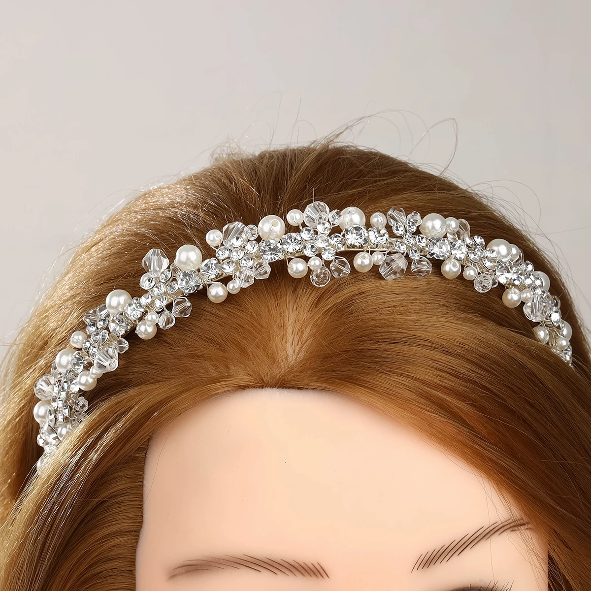 Fashion Wedding Hair Ornament Crystal Handmade Women's Headwear Prom Hair Belt Silver Pearl Bridal Crown