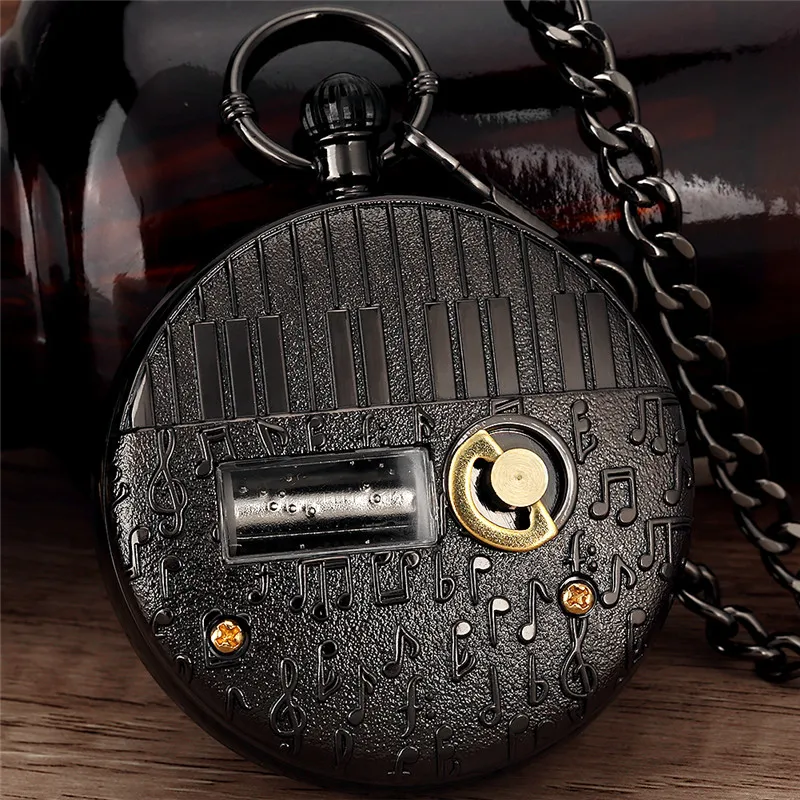 Steampunk Black Space Astronauts Case Playing Music Men Women Manual Quartz Pocket Watch Musical Clock FOB Chain Timepiece Gift