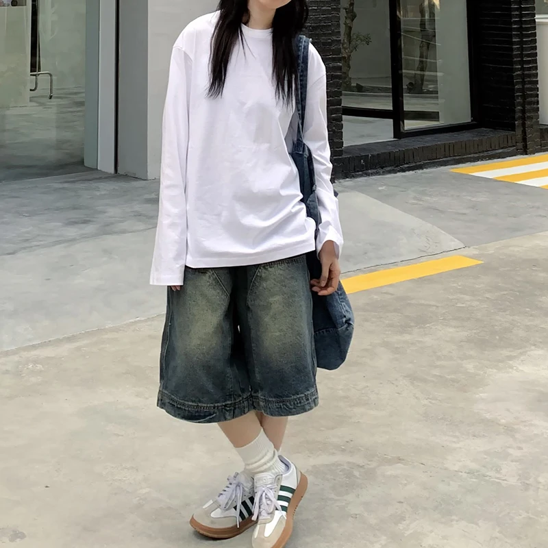 Y2K Vintage Baggy Jean Shorts Womens Washed Wide Leg Capri