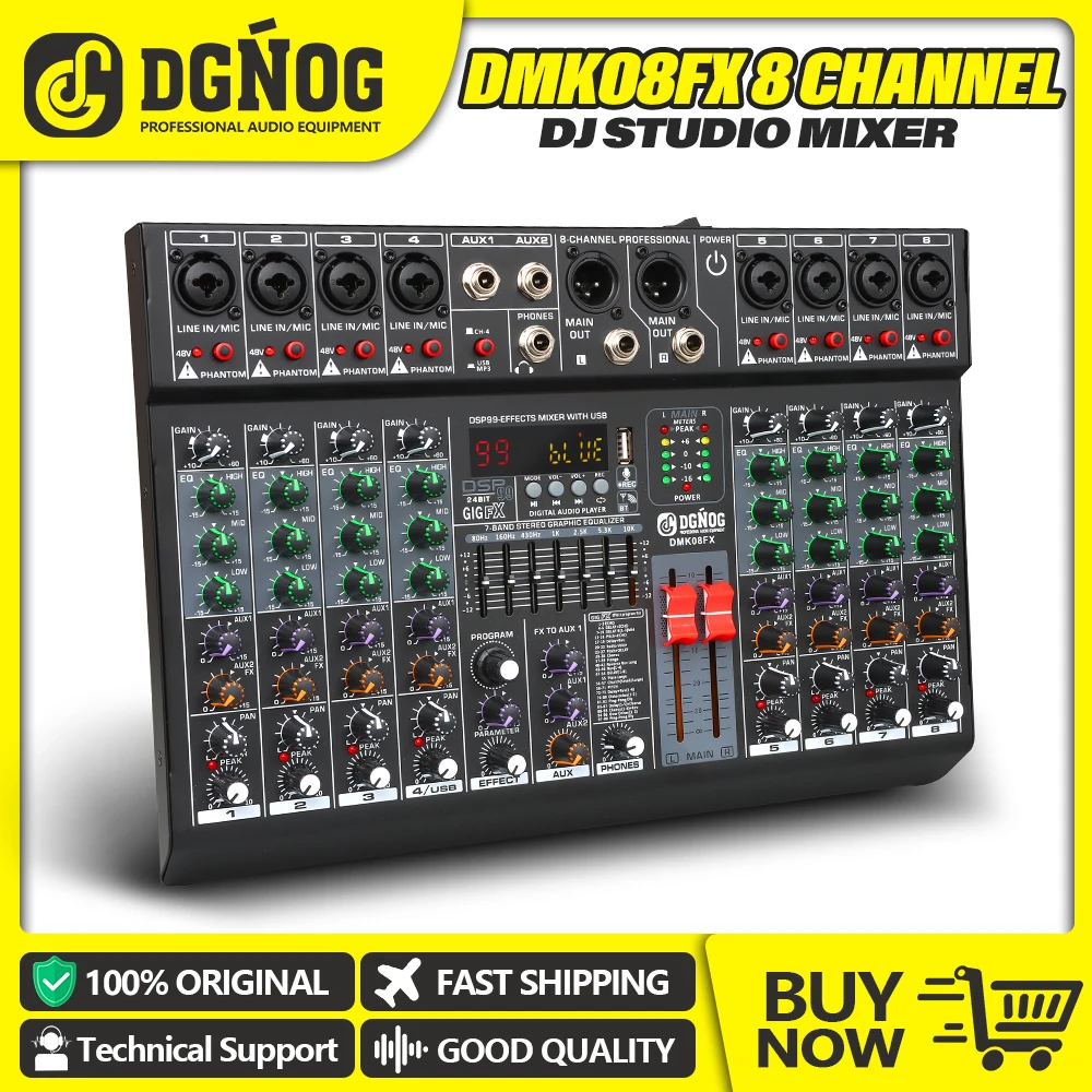 Professional Audio Mixer 8 Channel Sound board Console DJ Mixing Desk System Interface Built-in 99 Reverb Effect DGNOG DMK08FX