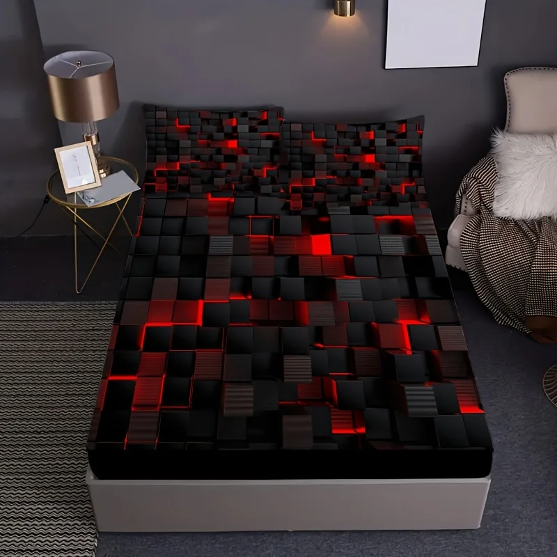 Red Grid 3D Visual Geometry Art Print Fitted Sheet Set Mattress Covers Soft Breathable Bedding Set 1* Fitted Sheet+2*Pillowcases 2